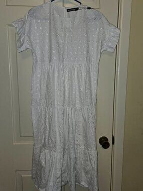 PRETTYLITTLETHING Dress White Broderie Anglaise Tiered Smock Midi 8